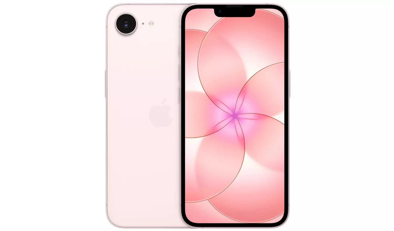 Pink smartphone with black-edged display and pink back, dual rear cameras