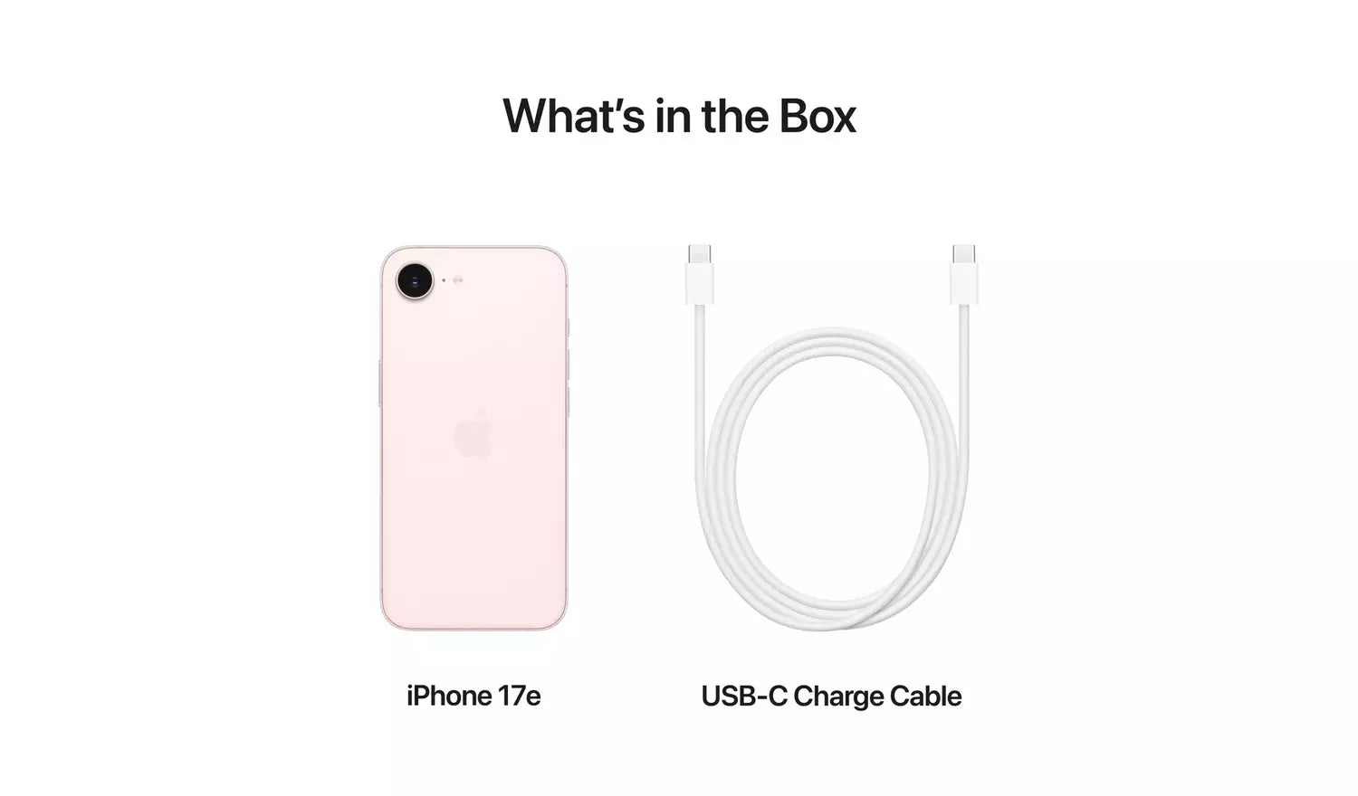 Pink iPhone 17e and USB-C charge cable in the box