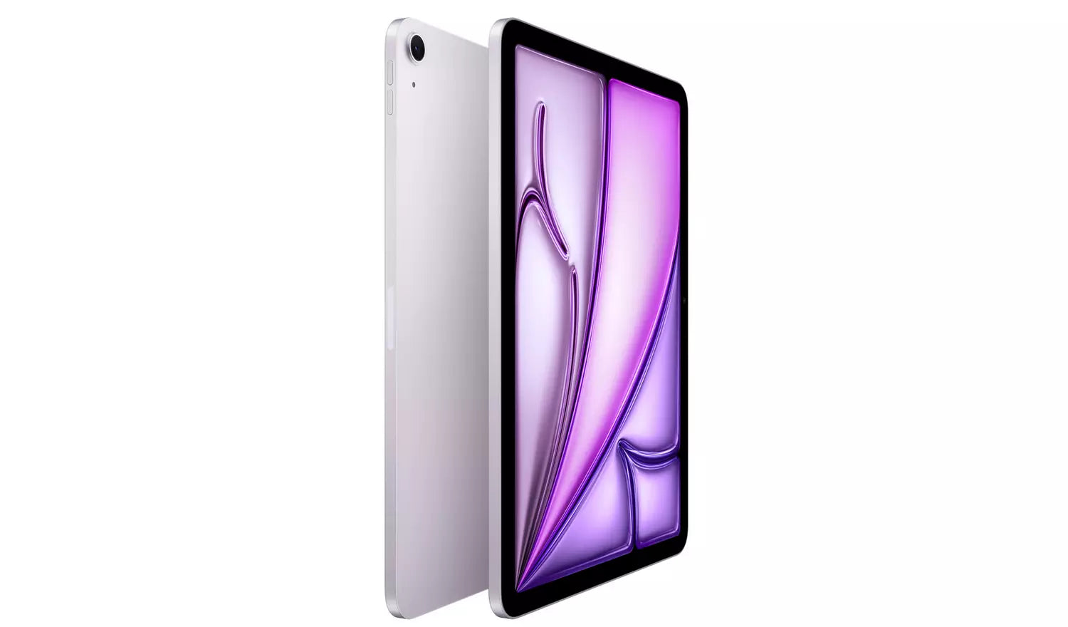 iPad Air 11-inch tablet, Blue, side profile with purple screen and rear