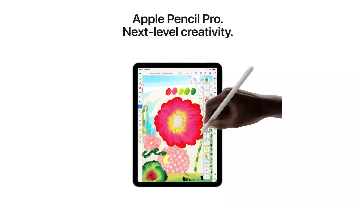 iPad Air 11-inch tablet with stylus writing on a drawing app screen