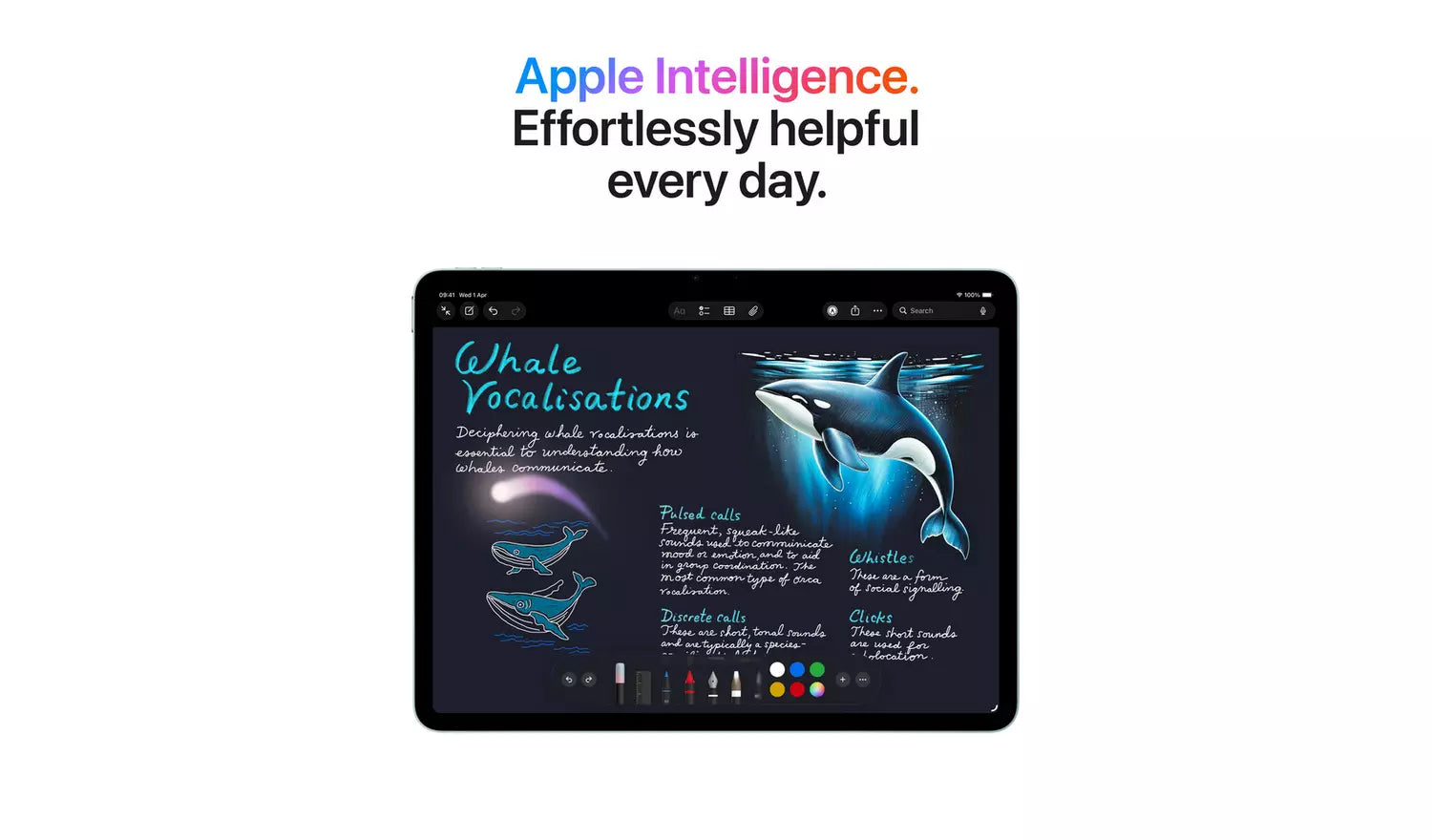 iPad Air M4 11-inch tablet with colorful whale illustration on display