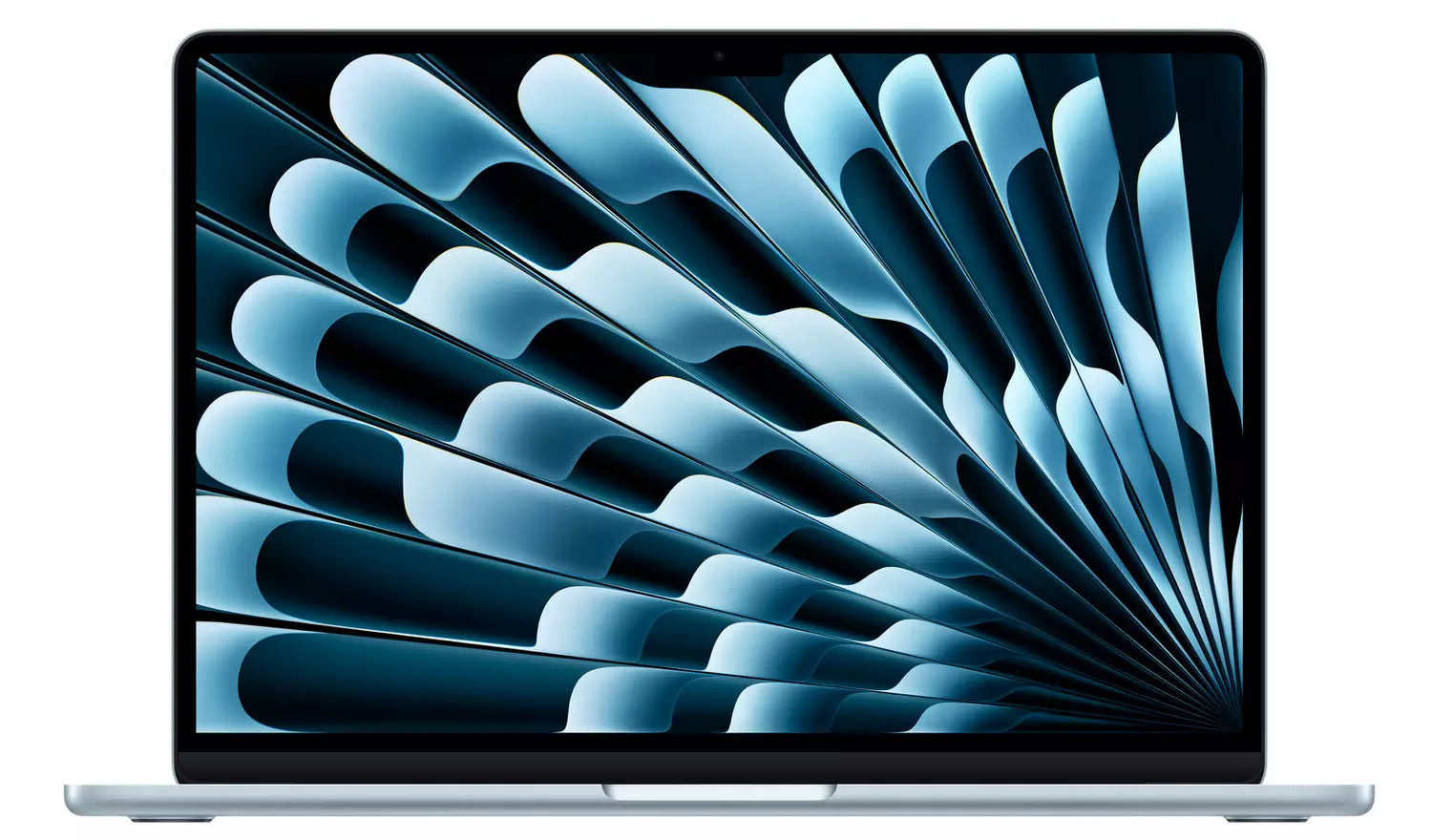 Sky Blue 13-inch MacBook Air with display showing abstract blue curves