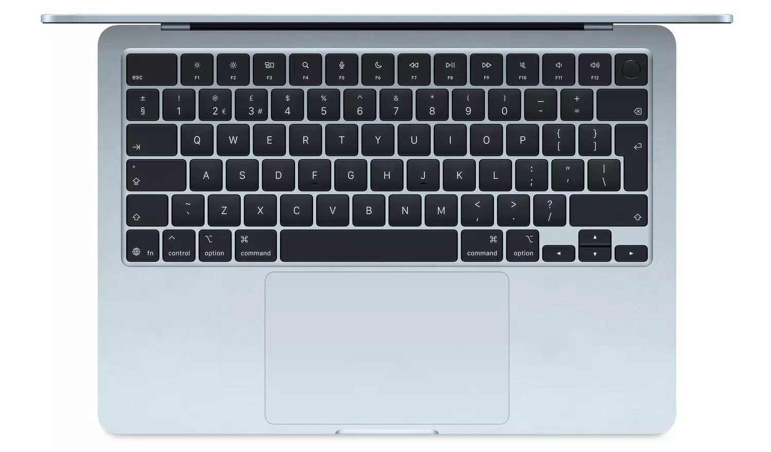 Sky Blue MacBook Air keyboard and large trackpad, top view