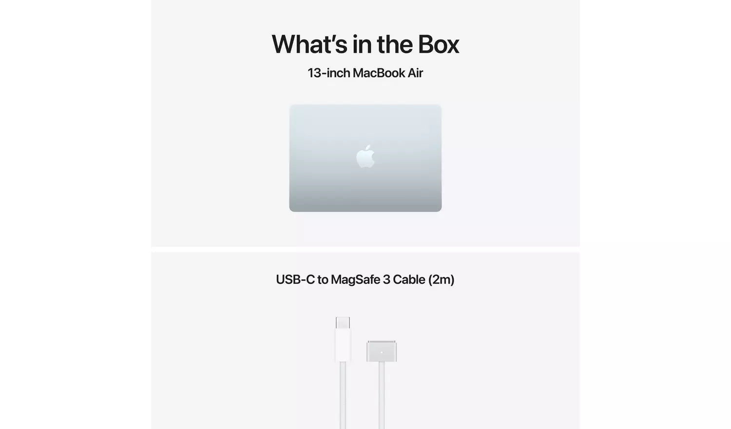 MacBook Air box contents: laptop and USB-C to MagSafe 3 cable (2 m)