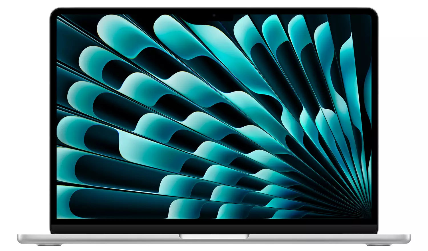 MacBook Air 13-inch display, sky blue aluminum body with blue wave wallpaper