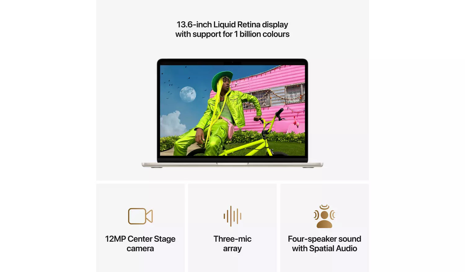 MacBook Air 13-inch display with 12MP Center Stage and audio icons