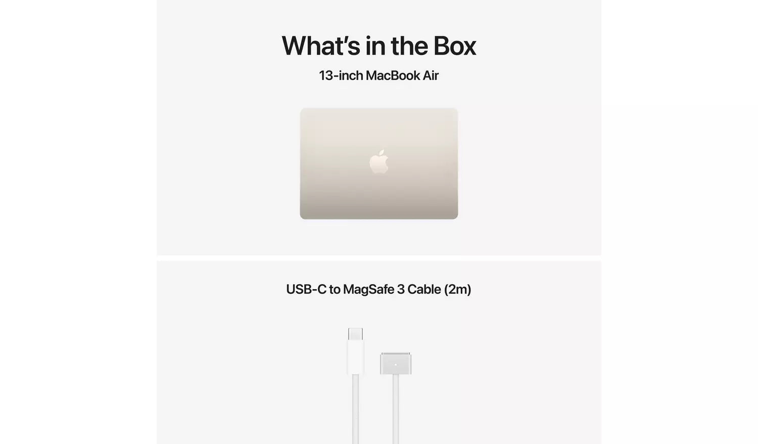 13-inch MacBook Air box contents slide with USB-C to MagSafe 3 cable