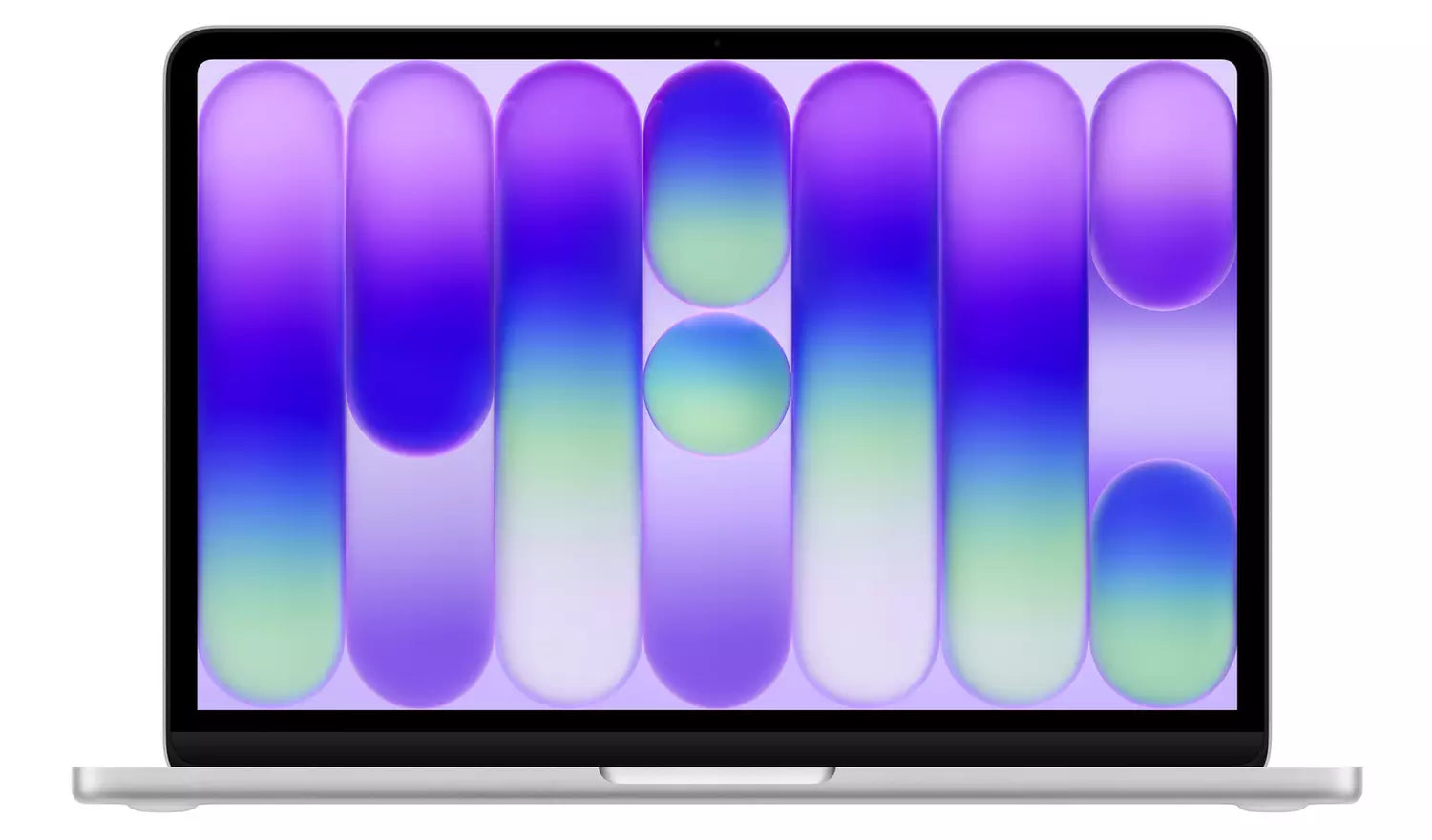 MacBook Neo 13" Silber Laptop mit violettem Hintergrunddisplay