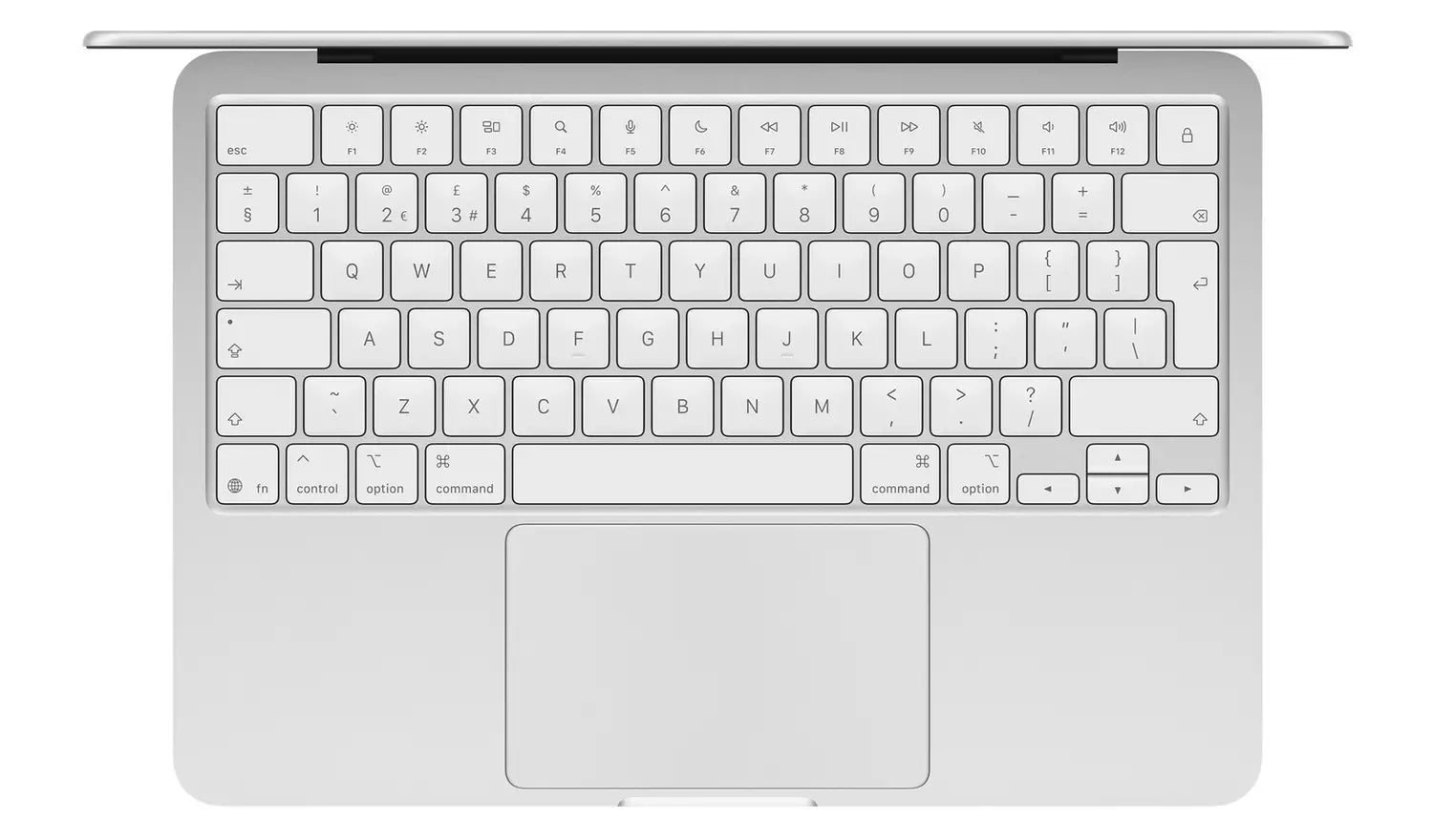 MacBook Neo 13" Silber Tastatur und Trackpad, Ansicht von oben