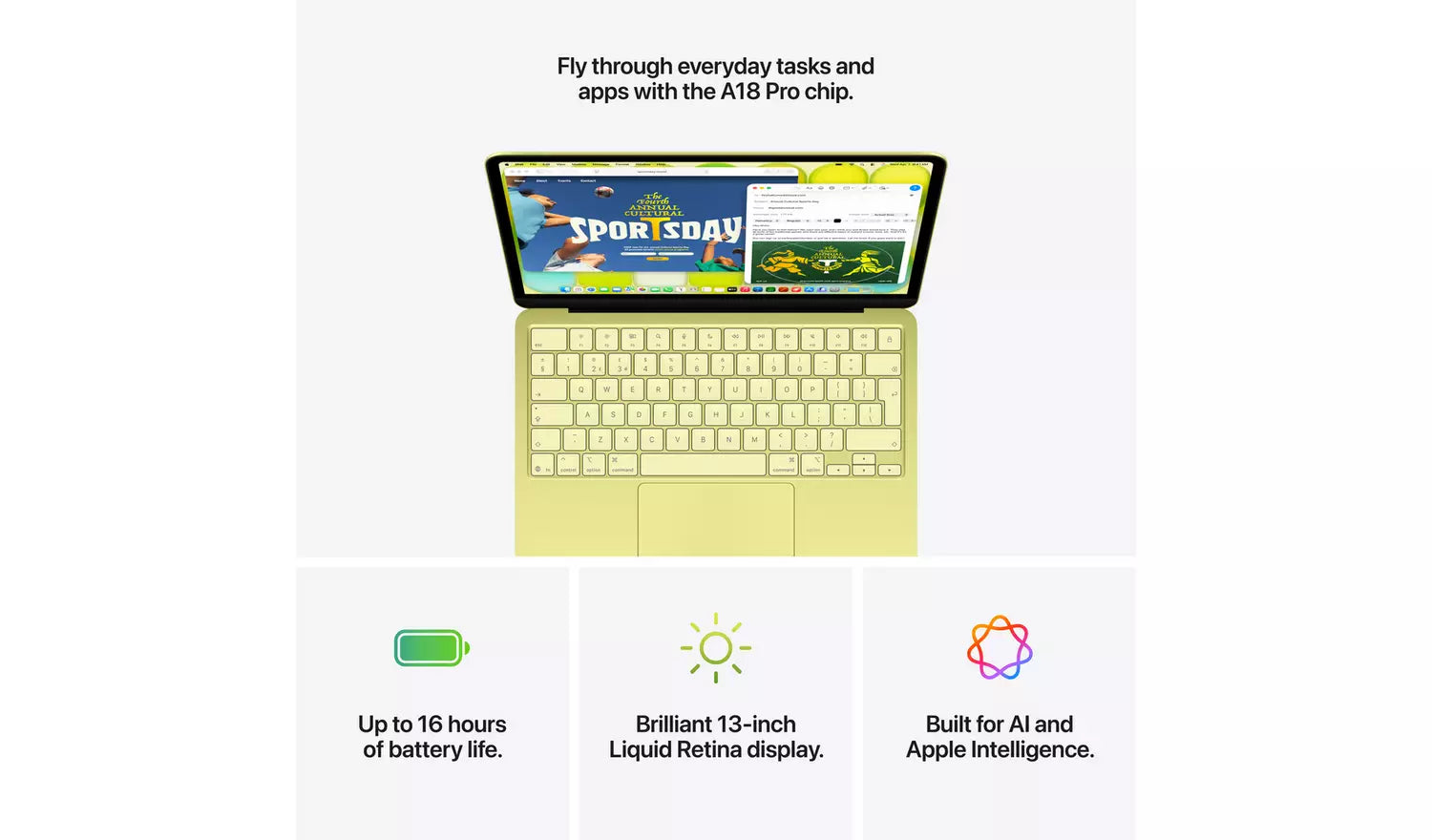 MacBook Neo Laptop mit gelbem Gehäuse und geöffnetem Display