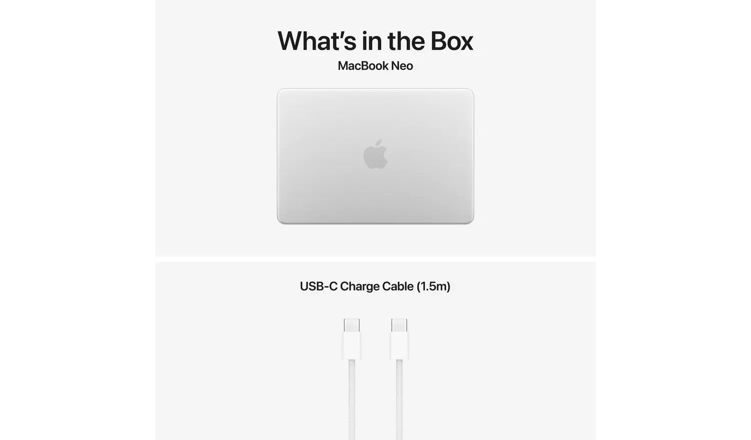 MacBook Neo Zubehör im Karton: Laptop und USB-C Ladekabel (1,5 m)