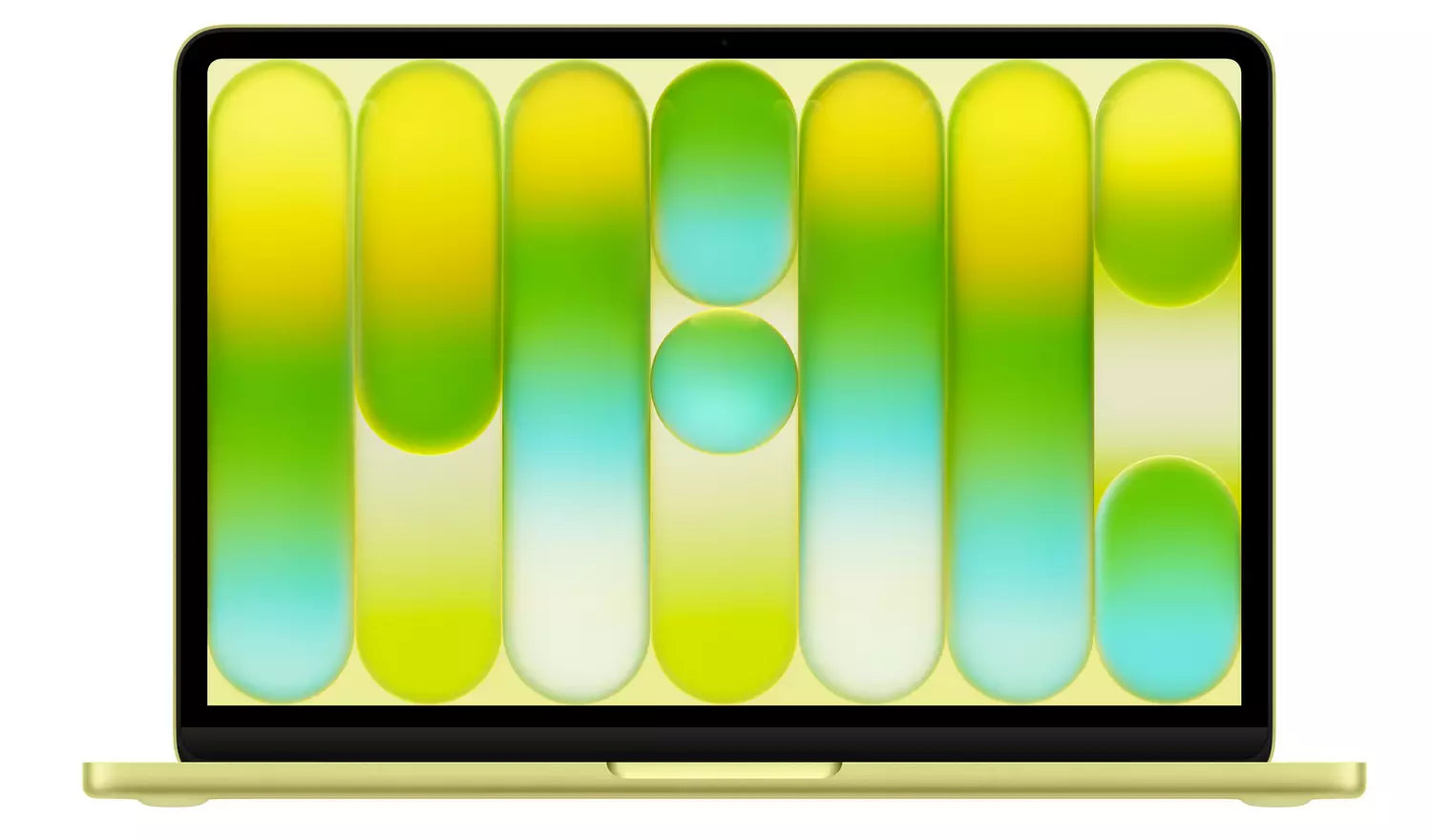 13-inch laptop with yellow-green screen wallpaper, front view