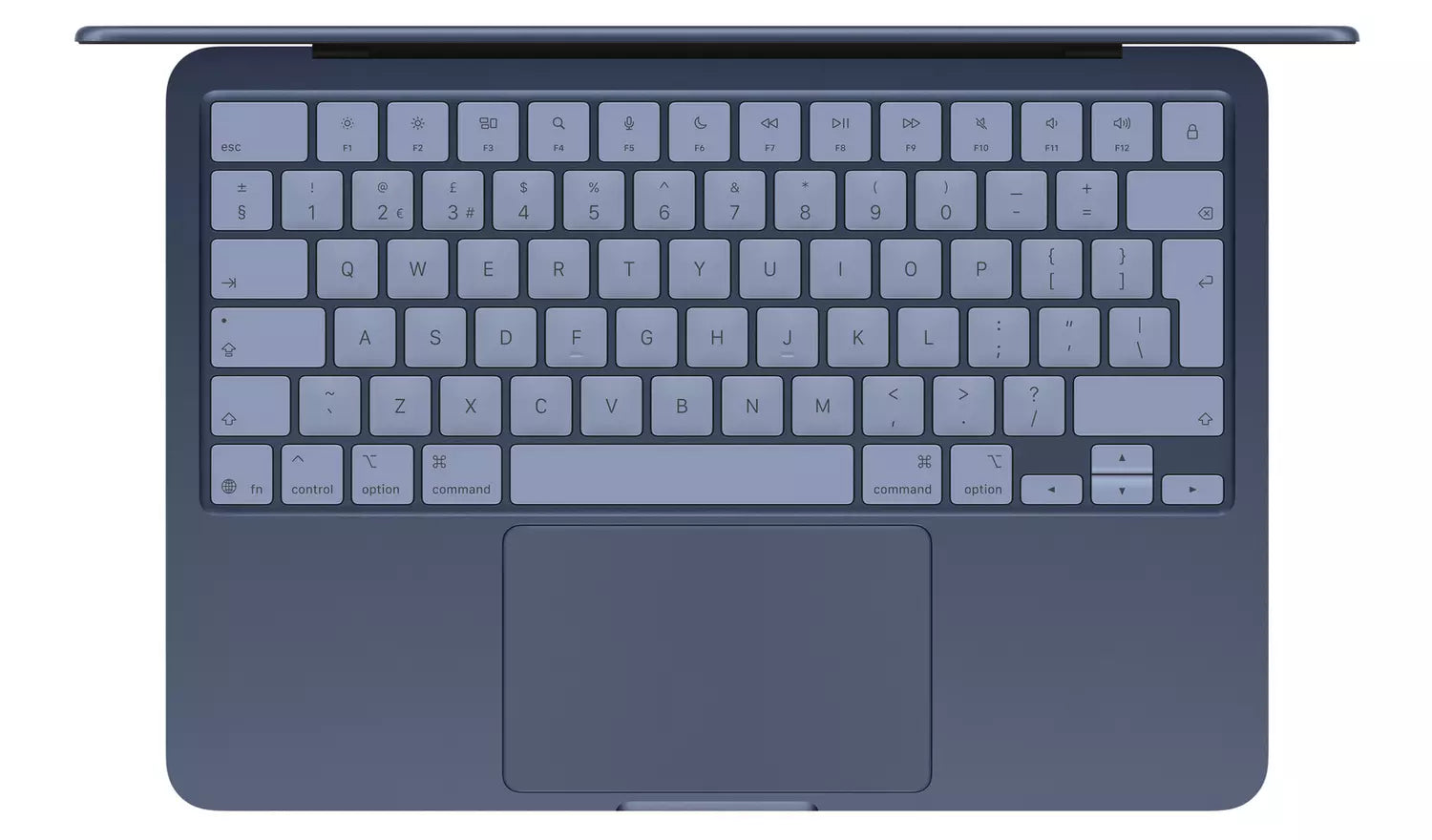 Dark blue keyboard and trackpad, top view