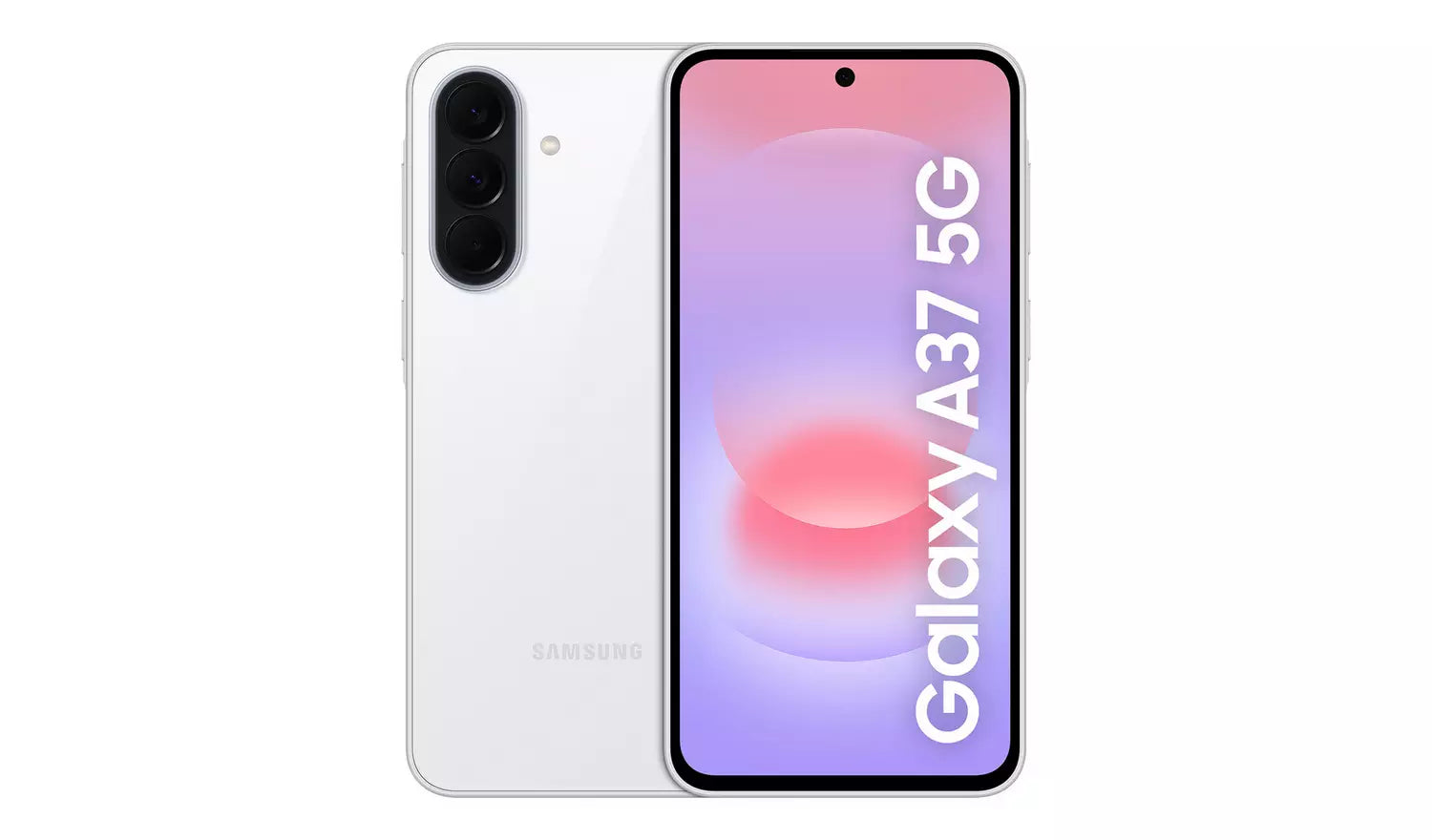 White Galaxy A37 5G smartphone front and back with triple rear camera
