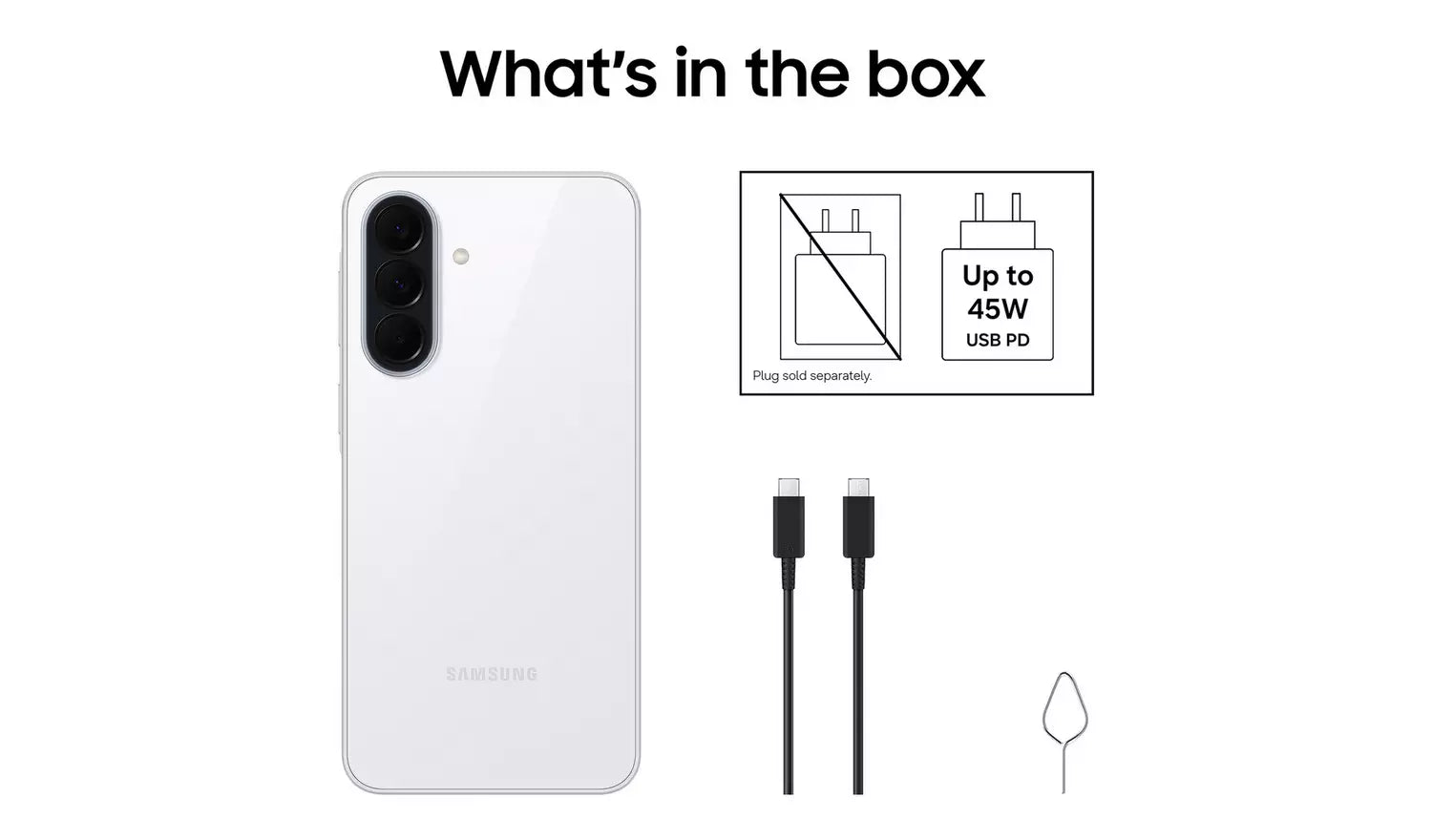 Contenido de la caja: smartphone blanco, cable USB y adaptador de carga (hasta 45W)