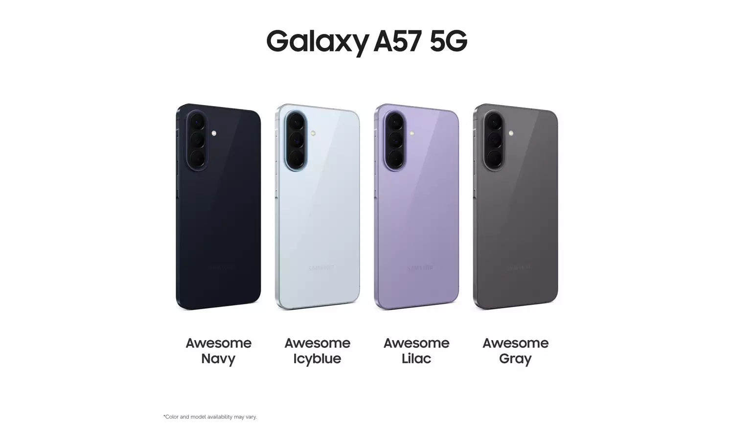 Galaxy A57 5G phones in multiple colors: Navy, Icyblue, Lilac, and Gray