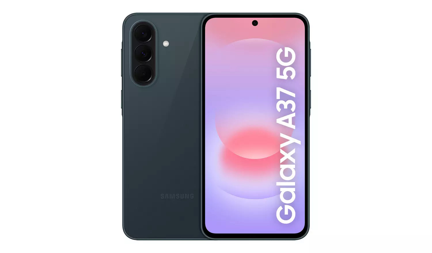 Galaxy A37 5G Charcoal front and back, 5G text on display