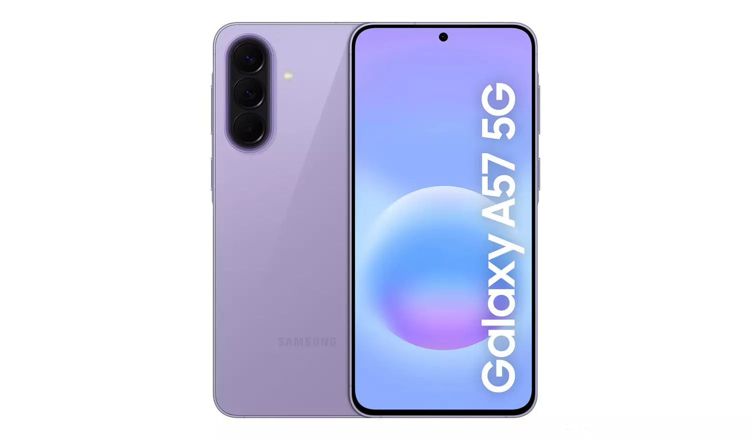 Galaxy A57 5G 256GB smartphone in Lilac, front view with 5G wallpaper