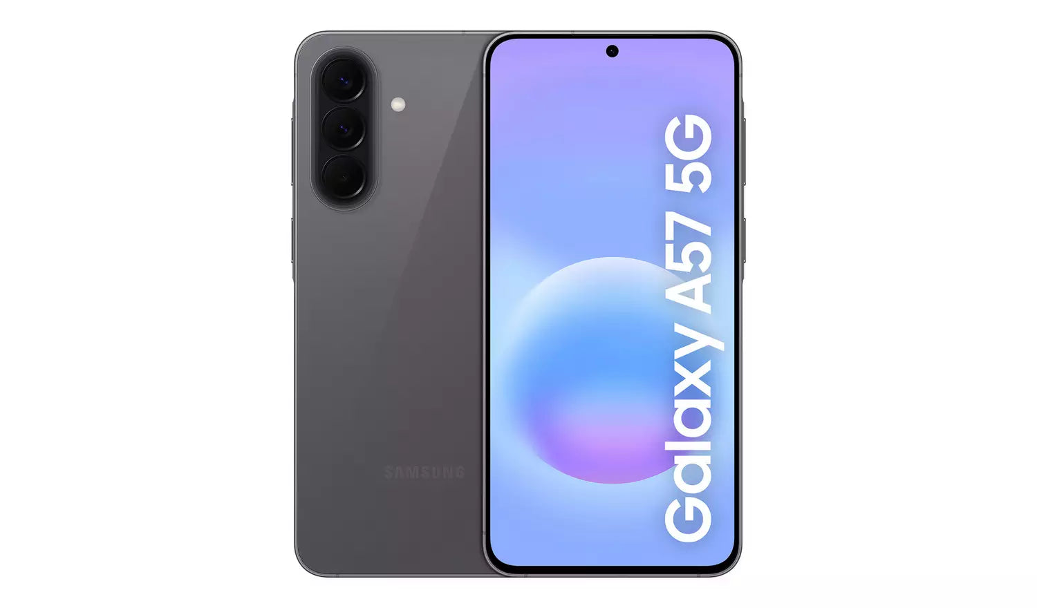 Galaxy A57 5G front and back, Icyblue screen with 5G text