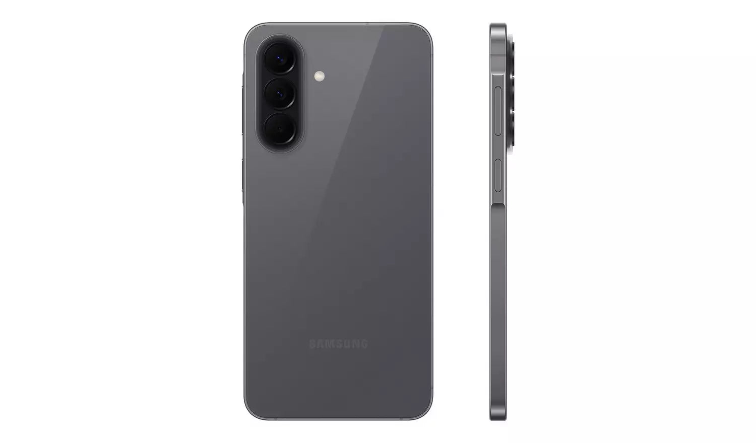 Galaxy A57 5G side profile and back, dark grey finish with dual cameras