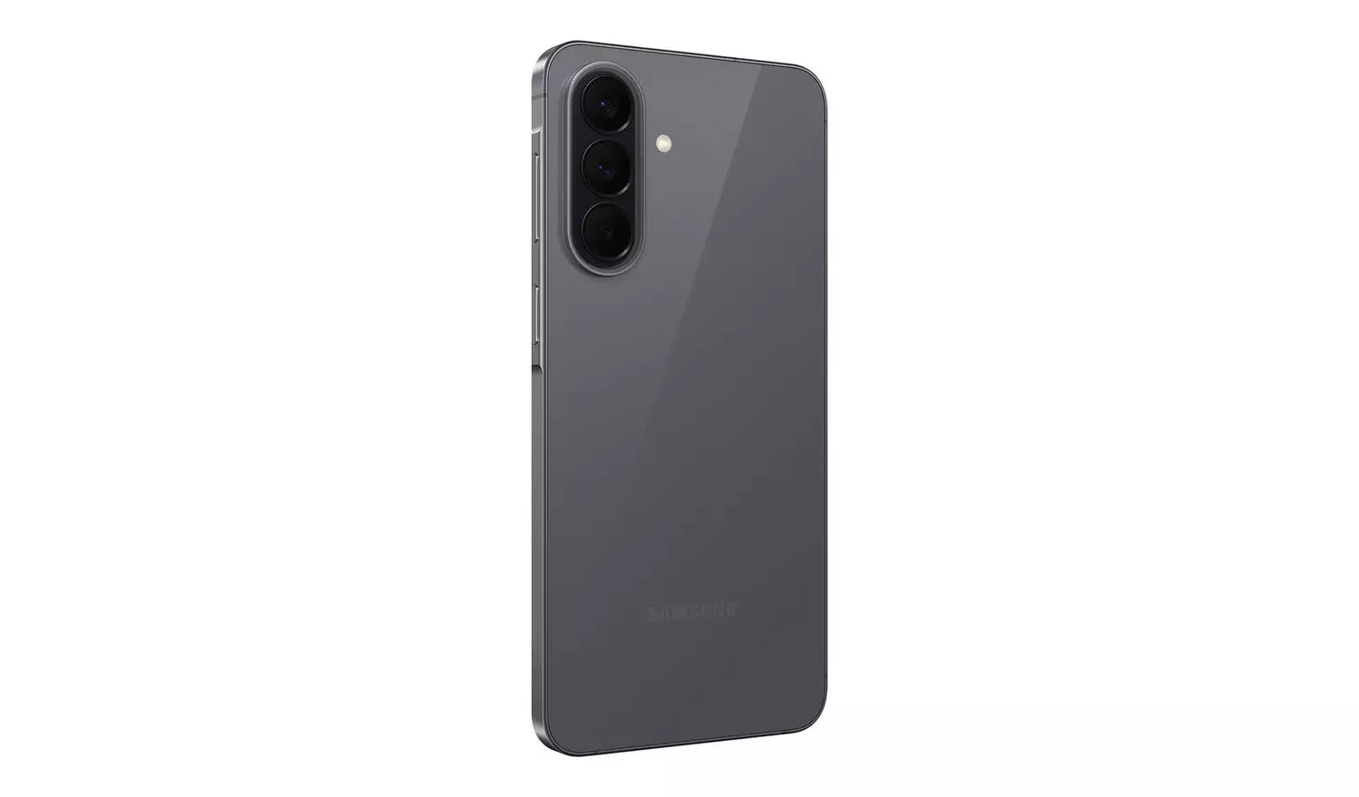 Galaxy A57 5G back and edge view, dark grey finish with dual cameras