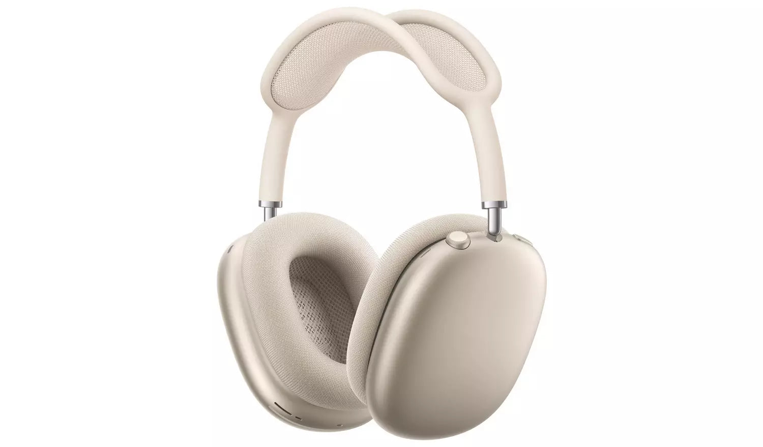 Wireless over-ear headphones with pale beige ear pads and adjustable headband.