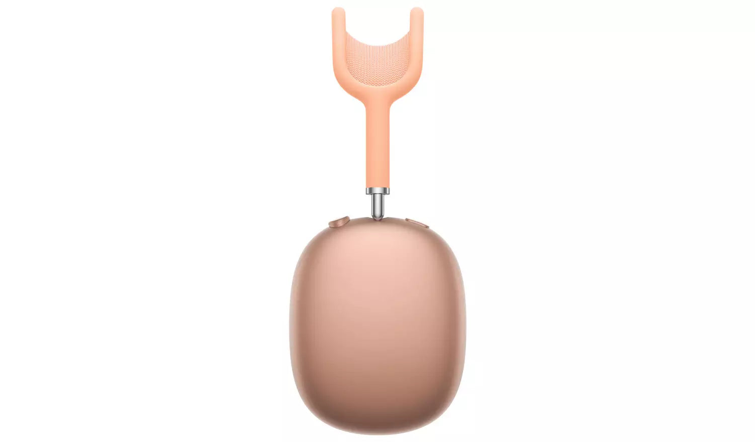 Wireless over-ear headphones in peach tone, shown front-on with cushioned headband.