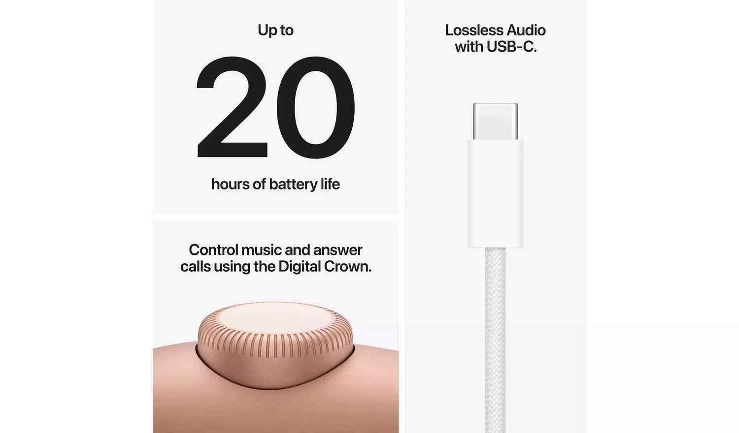 Over-ear headphones battery life graphic and USB-C charging cable