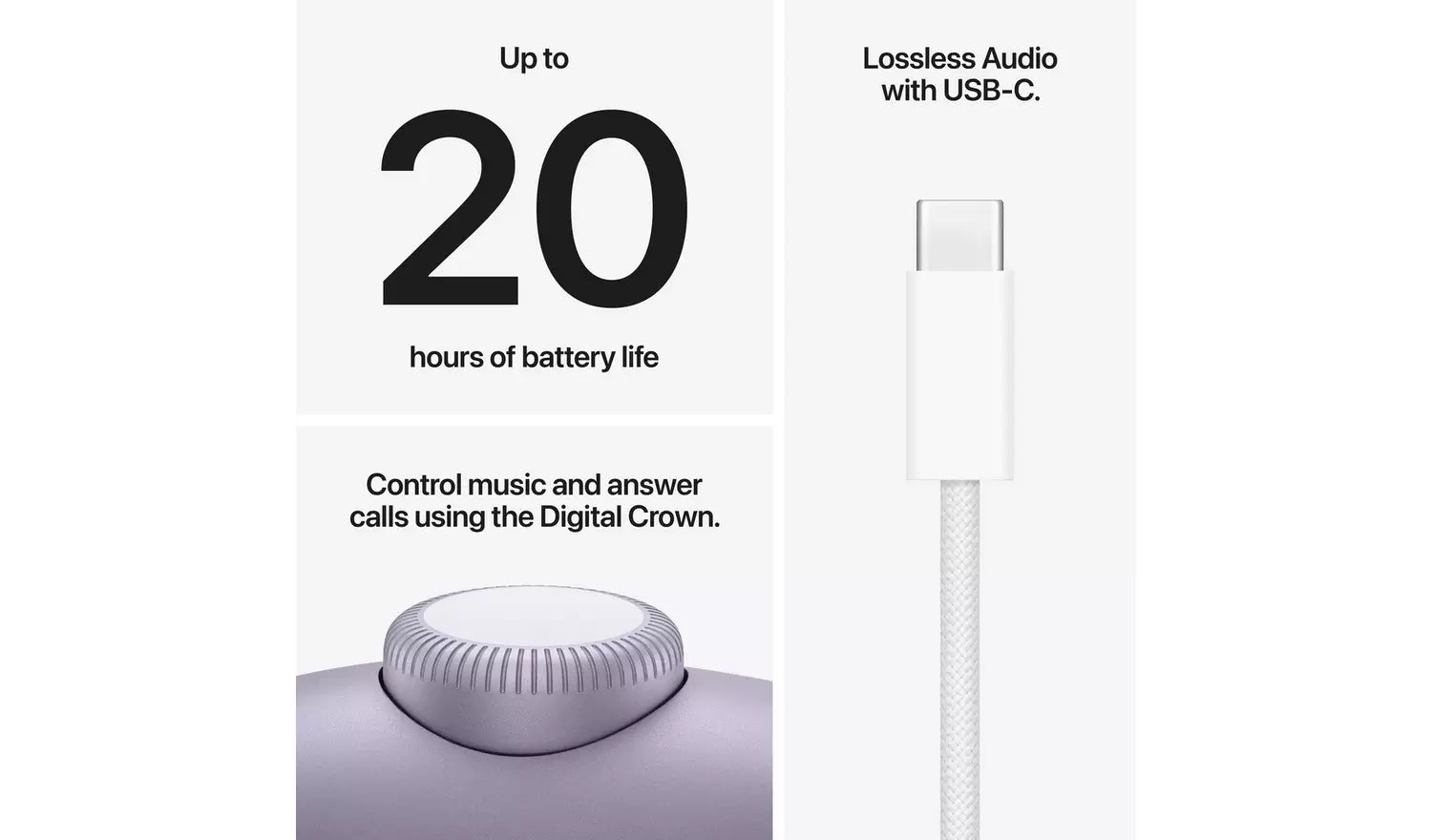 Over-ear headphones infographic showing battery life and USB‑C charging cable