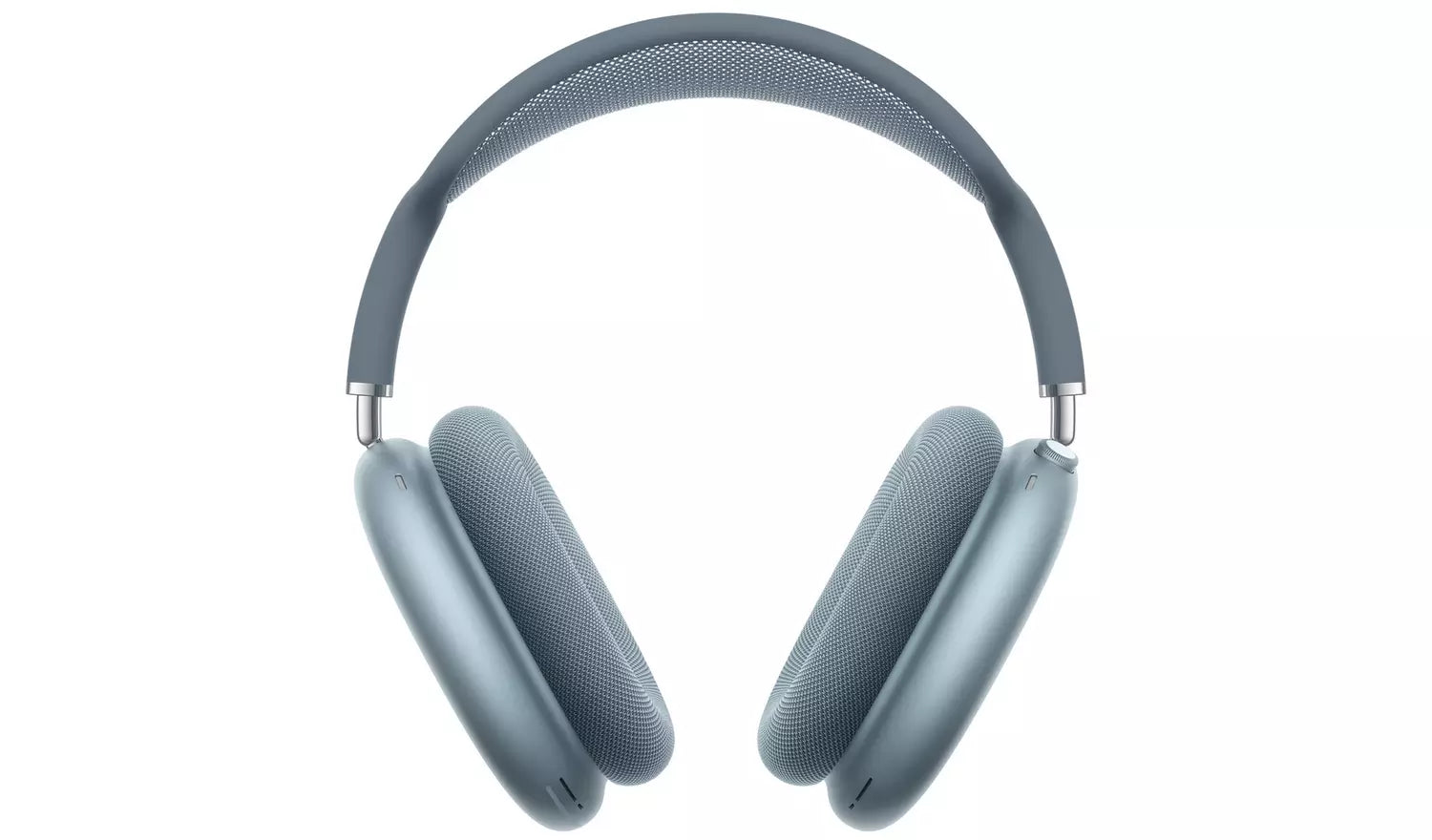 Light blue over-ear wireless headphones, front view of earcups and headband