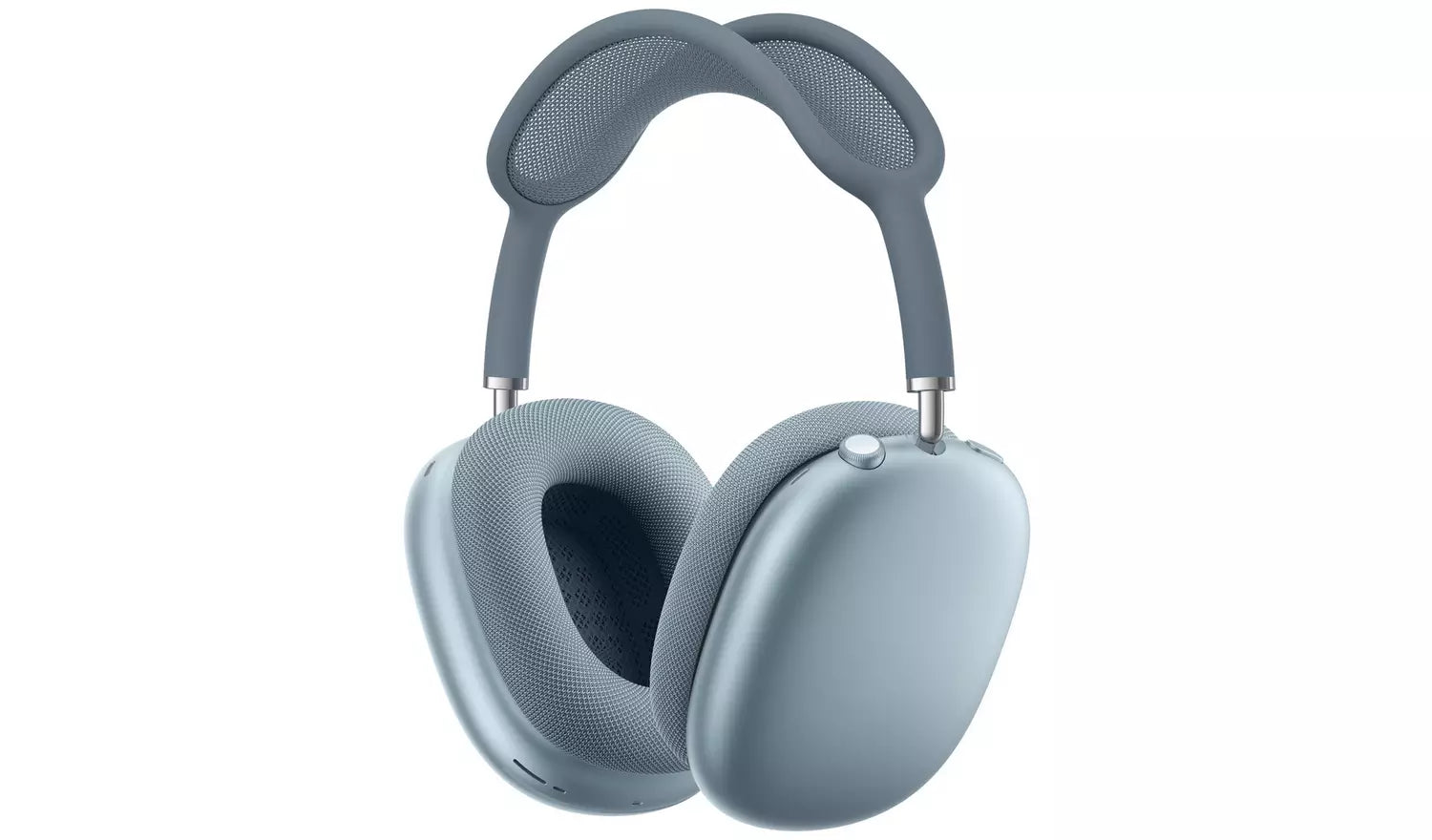Light blue over-ear wireless headphones, angled view of earcups and cushions