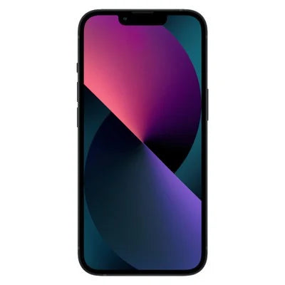 Black-framed iPhone 13 smartphone, front view with purple-to-teal abstract screen