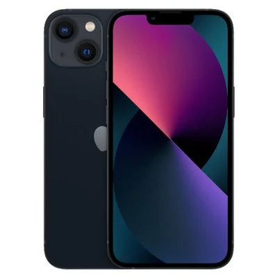 Dark blue iPhone 13 smartphone, front display with purple-blue abstract wallpaper