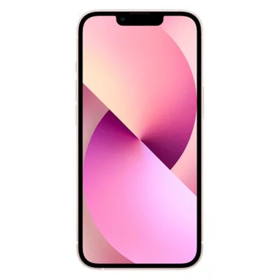 Unlocked iPhone 13 smartphone front view with pink geometric wallpaper
