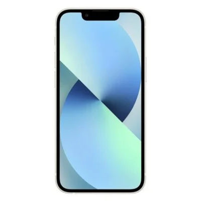 Unlocked iPhone 13 smartphone front view with blue geometric wallpaper