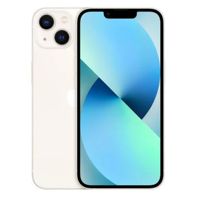 White iPhone 13 smartphone, front and back view with blue-green abstract display