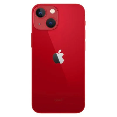 Red iPhone 13 smartphone, back view with dual cameras and Apple logo