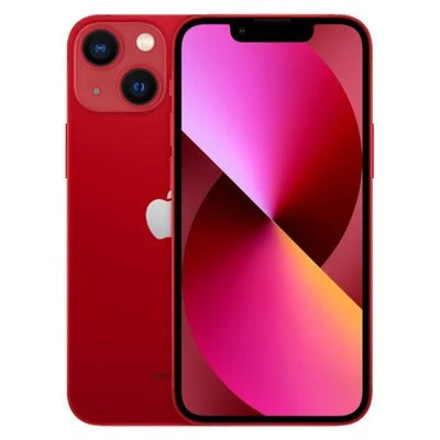 Red iPhone 13 smartphone, front and back view with bright pink-purple screen