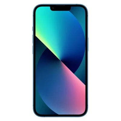 Teal-and-blue iPhone 13 smartphone, front view with neon gradient abstract wallpaper