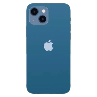 Blue iPhone 13 smartphone, back view with dual cameras and Apple logo