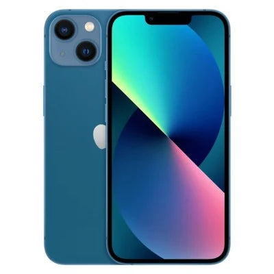 Blue iPhone 13 smartphone, front and back view with teal-and-blue abstract display