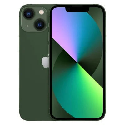 Unlocked iPhone 13 smartphone, dark green front and back with dual cameras