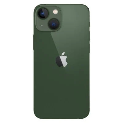 Unlocked iPhone 13 smartphone with dark green back and dual rear cameras