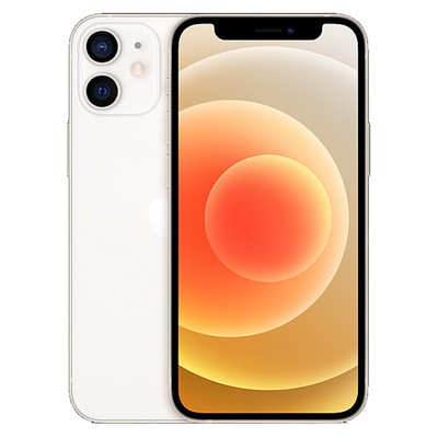 White smartphone with dual rear cameras and front display with orange wallpaper.