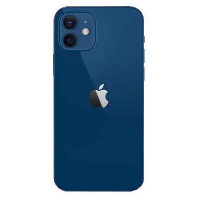 Dark blue smartphone back with dual rear cameras and Apple logo.
