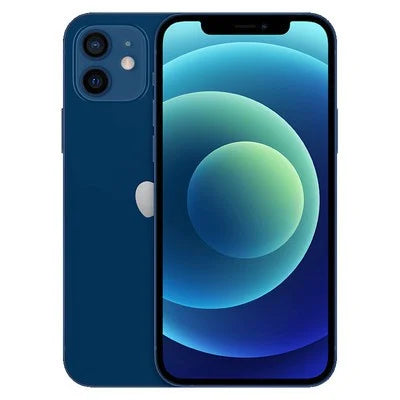 Blue smartphone with dual rear cameras and front display with green-blue wallpaper.