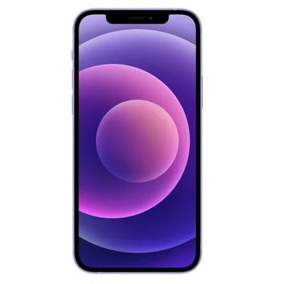 Unlocked iPhone 12 smartphone, front view with purple-blue display