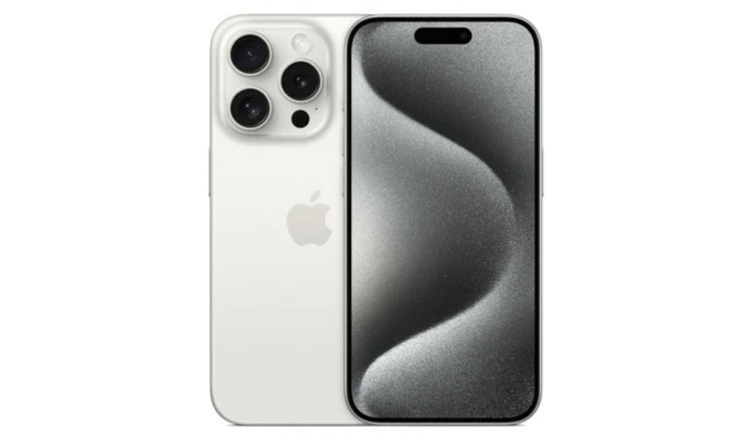 White Titanium iPhone 15 Pro unlocked smartphone, front and back with triple cameras