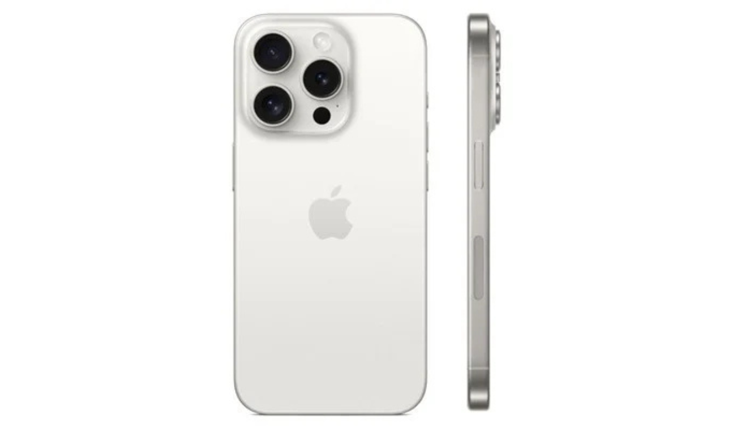 White Titanium iPhone 15 Pro unlocked smartphone, back and side view with camera module