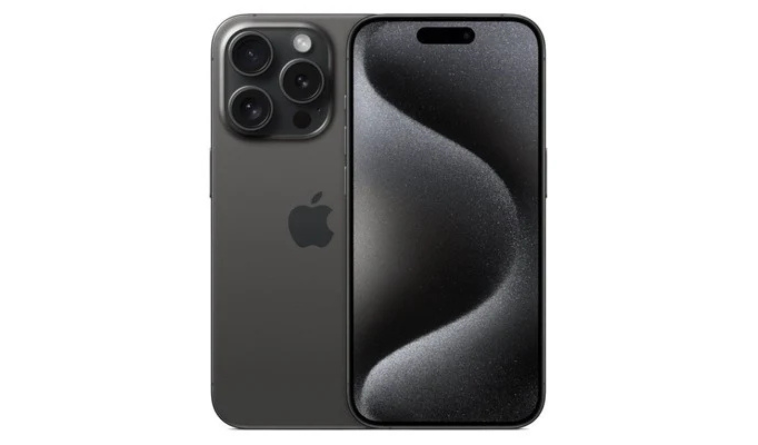 Black Titanium iPhone 15 Pro unlocked smartphone, front and back with triple cameras